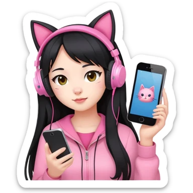 Extra cute Japanese girl with long hair, wearing pink cat ear headphones and holding a mobile phone sticker
