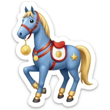 friendly anthropomorphised horse in jeans and a t-shirt, wearing a gold medal sticker