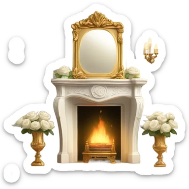 Elegant white fireplace with ornate carvings, a gold-framed mirror above it, and a vase with white roses on top. sticker