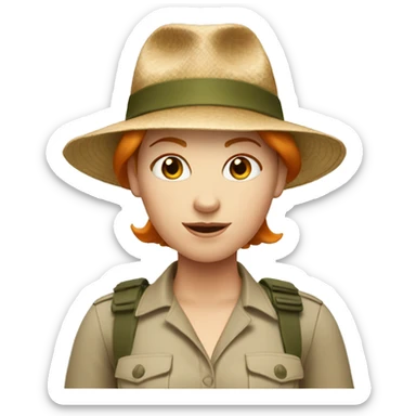 white woman with short ginger hair and safari hat sticker