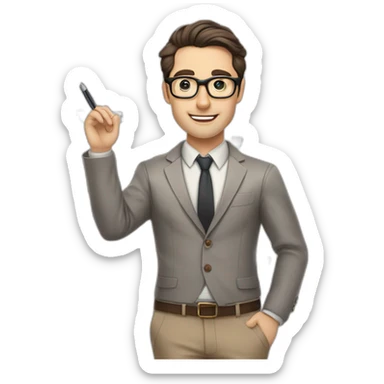 Pale skinned fit man with dark brown hair in gray jacket, beige office shirt, brown tie, brown pants and vintage glasses Writing text on a flipchart sticker