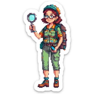 Happy woman explorer in her 40s with glasses, colorful retro hiking outfit, backpack, holding one magnifying glass, detailed pixel art sticker