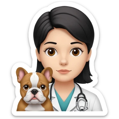 joven médico con el pelo un poco largo pero no tanto y lacio, que tenga un estetoscopio de color de piel tez negra calida !!! que sostiene un bulldog francés blanco y negro  sticker