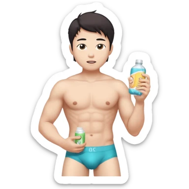 Male shirtless white skin Asian korean six pack sexy big dih lean full body without pants hold condom and jerking off with a little bit hair upper underwear don’t hold any stuff sticker