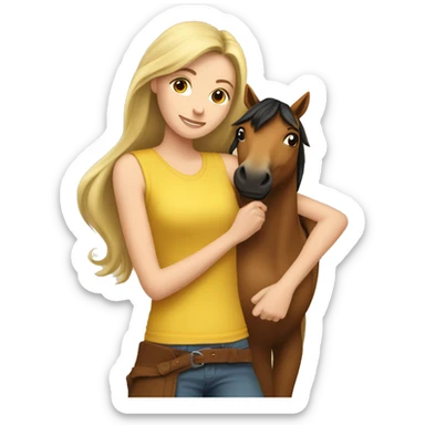 Brunette blonde girl wearing sleeveless yellow shirt snuggling brown horse sticker