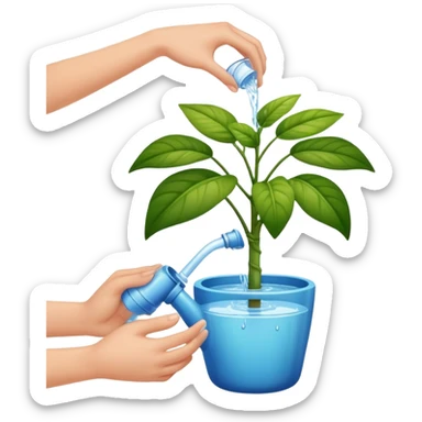 hands pouring water onto a potted plant, simple and friendly sticker