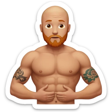 bald guy with a ginger beard an muscles shrugging his shoulders with GODBODY tattoo across stomach  sticker