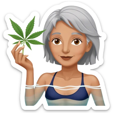 Middle aged, brown eyes, gray haired woman in a swimming pool with marijuna sticker