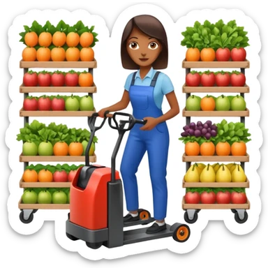 Femme sur un transpalette électrique, portant des canettes de fruits et de légumes sticker