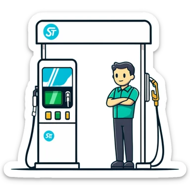 Male gas station attendant standing next to fuel dispenser, minimalist design with soft gradients in sky blue, teal green, white, and light gray sticker