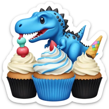 A cupcake having blue and black icing and a dinosaur as a decoration and ice cream next to it sticker