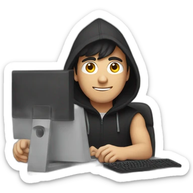 A young white Developer with a black hood behind his computer and taping on his keyboard sticker