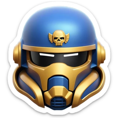 Clash of Clans aesthetic: Cinematic Playful Space Marine Helmet Emoji, rendered in a 3D vector-style similar to standard emojis with minimal shading and bold, simplified shapes. A compact, heroic isometric helmet with futuristic, armored detailing and a glowing visor, softly glowing with a battle-ready cosmic charm. Simplified yet unmistakably iconic, highly detailed and consistent, glowing with a soft radiant shine and high gloss. Stylized with a touch of interstellar valor and a soft glowing outline, capturing the essence of an elite warrior’s helm with a friendly, playful spirit! sticker