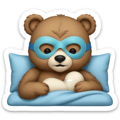 sleepy cute bear with sleeping mask sitting on comfiest bed sticker