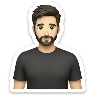 Handsome man with dark hair, holding an cup of coffee, gradient short hair on the side, green eyes. Thin face. Black t-shirt. A little beard. sticker