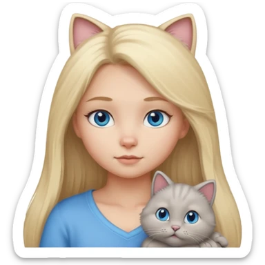 blonde girl with long blonde hair and blue eyes with chubby gray cat sticker