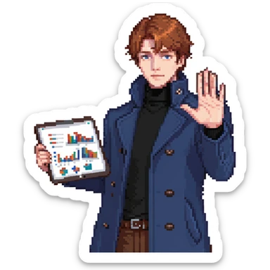 Flat pixel art, bold and charismatic male leader, Caucasian, short auburn hair, sharp eyes, wearing indigo coat over black turtleneck, one arm raised giving direction, holding tablet with graphs, waist-up, front-facing sticker
