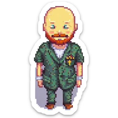 Change the beard color to red, keep the 8-bit pixel art style, bald, smiley, low beard, with no background. sticker
