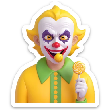 grotesque joker character in a yellow jersey, visibly crying, with a lollipop in his mouth, exaggerated features sticker