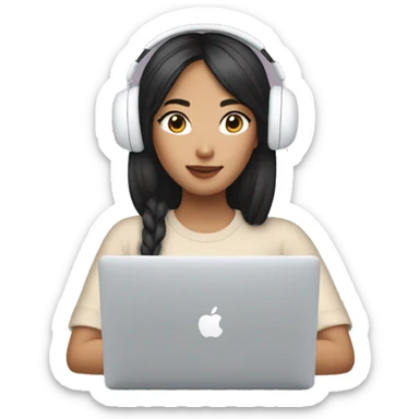 A asian girl wearing airpods max and looking at a macbook sticker