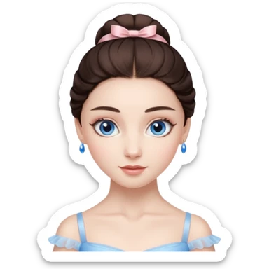 Realistic Ballerina Portrait, with porcelain-like skin featuring a natural rosy flush, illuminated by soft lighting that highlights the gentle contours of her face. Her Brunette hair flows in soft.Her deep blue eyes radiate framed by arched brows and long lashes. sticker