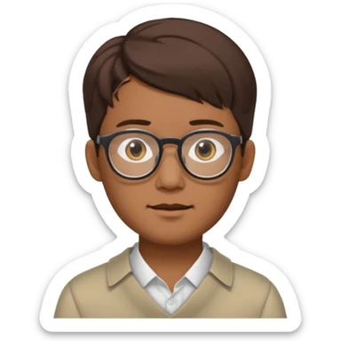 Asian male, with goatie, wearing glasses, medium length hair, brown sticker