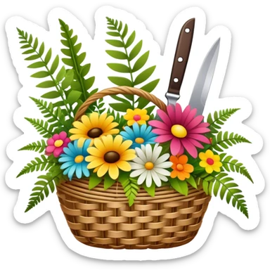 Icon for Floristry: a woven basket with flowers, reeds, ferns, bright ribbons and a small plush toy. Add scissors and knife. The icon should represent creativity in flower arrangement and decorative design. Transparent background. sticker