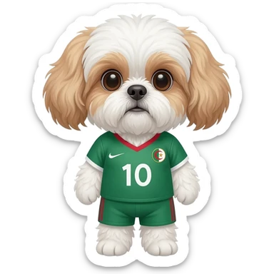 white and light brown shih zhu wearing a Algeria soccer jersey v neck 2026 work cup sticker