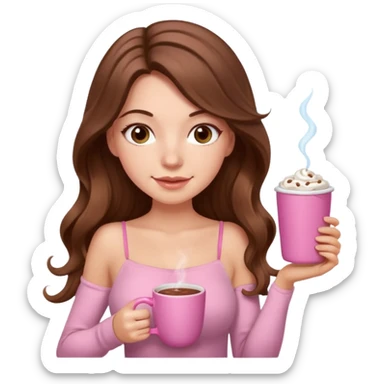 menina branca com cabelos castanhos longos ondulados com xícara rosa na frente com chocolate quente, com blusa de alça fina sticker