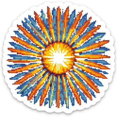 Bomberman explosion center tile animation frame 2, full size bright fiery explosion core, yellows and oranges radiating from center, peak of explosion sticker