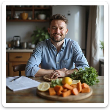 realistic image of a man sitting at a table with healthy balanced food, visible nutritional plan on the table, positive atmosphere, realistic details, home environment sticker