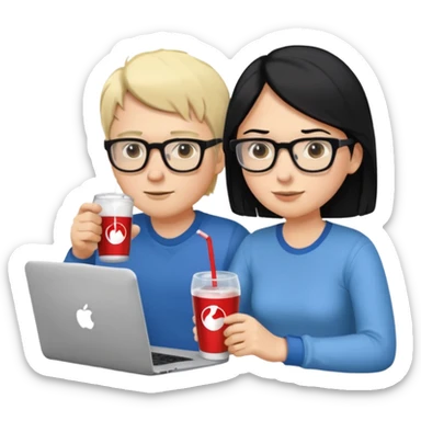 Hombre blanco con gafas, pelo negro tomando un refresco frente a un ordenador con ropa de sport, mujer rubia en la pantalla del ordenador tomando café sticker