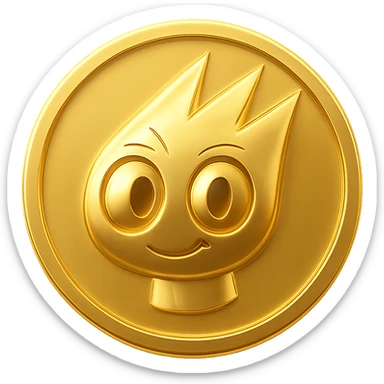 Create a simple flat gold coin with a thin rim, transparent background, no shadows. Feature only the mascot's head from the provided image in gold, centered. No neck or extra details, just the head. Style matches previous option 3 (gold objects style). sticker