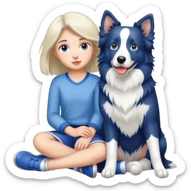 A girl sits with a Blue and white border collie sticker