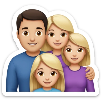 Familia de 4 personas sonriendo: Hombre gordito pelo oscuro, Mujer pelo cafe, hija 1 pelo mono e hija 2 pelo oscuro.sólo 4 personas. sticker