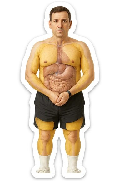 a middle-aged man stands in a clinical setting, with semi-transparent overlays highlighting areas of excess body fat accumulation—such as the abdomen, chest, and thighs. The fat tissue is shown in yellow, contrasting with underlying muscles and organs. The man’s expression is neutral, and the background is clean and modern, emphasizing the educational aspect. senza scritte sticker