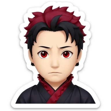 Tanjiro Kamado has a kind, yet determined, appearance with ruffled, black hair that has red/burgundy tips. His most prominent facial features are his wide, dark red eyes and a distinctive scar on the top left of his forehead. sticker