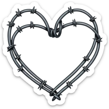 Minimal black line art heart made from barbed wire, hand-drawn sketch look, uneven ink strokes, 6–7 barbs with twisted knots, simple clean outline, centered on plain white background, high contrast sticker