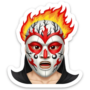 birch tree male mask in kokoshnik expressing anger, white, black and red palette, the texture has black marks, red fire at the top sticker