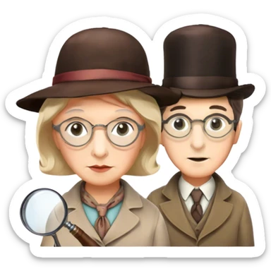Icon for Detective Movies: A colorful collage with Sherlock Holmes, Miss Marple, and Pinkerton. Include magnifying glasses, clues, and detective tools. The design should evoke mystery and intrigue, with a classic detective movie feel. Transparent background. sticker