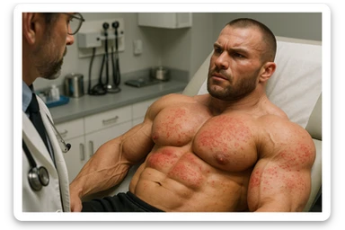 BODYBUILDER STESO SUL LETTINO DI UN MEDICO CON IRRITAZIONE CUTANEA, iperrealistico 4k sticker