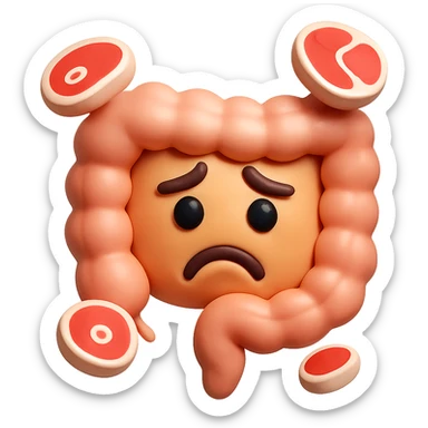 emoji stile iphone in 3d di un intestino triste con fette di carne che gli fluttuano intorno sticker