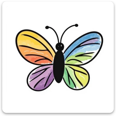 colorful butterfly in childlike crayon doodle style, centered, isolated on white background sticker