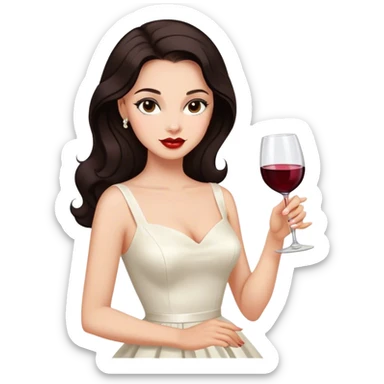 Beautiful woman in 1950’s woman fashion look, white dress, long hair, wine, dark brown hair sticker