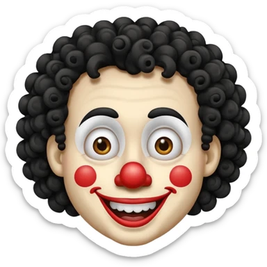 generate clown emoji with a big curly black hair 

wide black smile, long and pointy white nose sticker