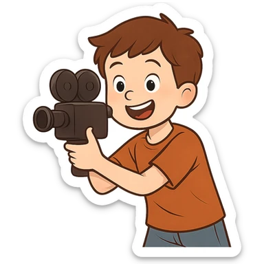 a young boy filming a movie, holding a camera, cheerful expression, simple background sticker
