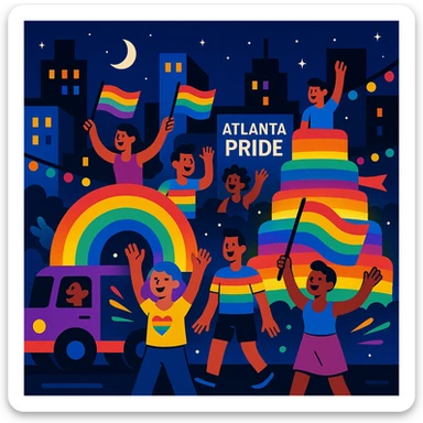 Cartoon night scene at Atlanta Pride, with glowing floats, rainbow lights, and cheerful people sticker
