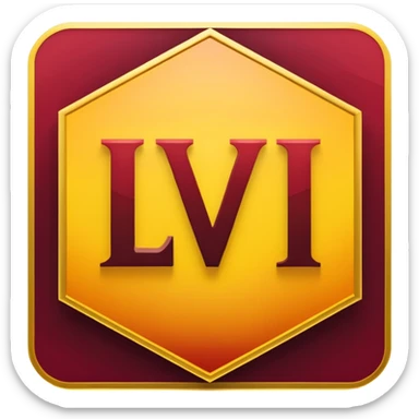 hexagon emblem with a thick yellow-to-gold outline and a dark red gradient inside. In the center, place a bold capital letter V in the same yellow-to-gold gradient as the outline. Keep the shapes clean and geometric, with smooth color transitions and no background color. sticker