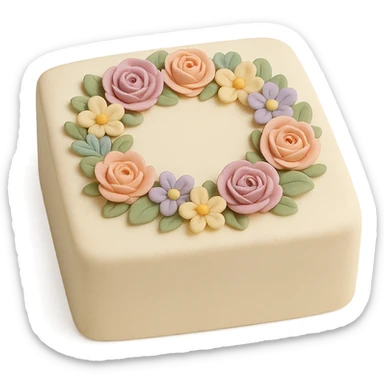 square fondant cake with floral wreath sticker