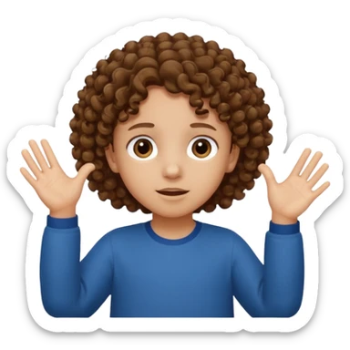 A kid with curly hair with both hands facing up saying 67 sticker